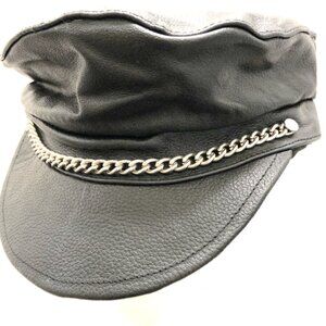 Unisex Flat Top Genuine Leather Biker Cap With Chain 💸